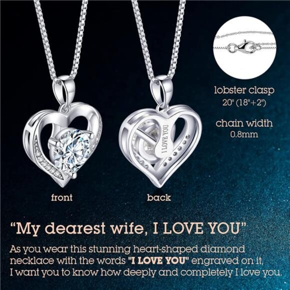Heart Pendant Necklace Gifts for Wife, Engraved 'I LOVE YOU' Gift for Wife, 1-3 - Picture 4 of 7
